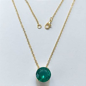 GARGANTILHA FOLHEADA A OURO 5 MILÉSIMOS + VERNIZ DIAMOND - CORRENTE CADEADO 45CM E PINGENTE COM ZIRCÔNIA REDONDA VERDE 12X12MM - (OURO839) OUGG000197