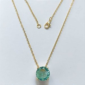 GARGANTILHA FOLHEADA A OURO 5 MILÉSIMOS + VERNIZ DIAMOND - CORRENTE CADEADO 45CM E PINGENTE COM ZIRCÔNIA REDONDA AZUL CLARA 12X12MM - (OURO836)OUGG000200