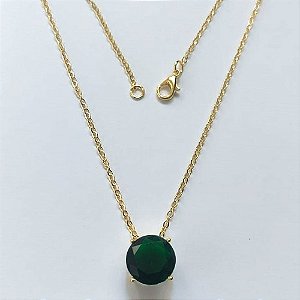 GARGANTILHA FOLHEADA A OURO 5 MILÉSIMOS + VERNIZ DIAMOND - CORRENTE CADEADO 45CM E PINGENTE COM ZIRCÔNIA REDONDA VERDE ESCURA 12X12MM - (OURO834) OUGG000202