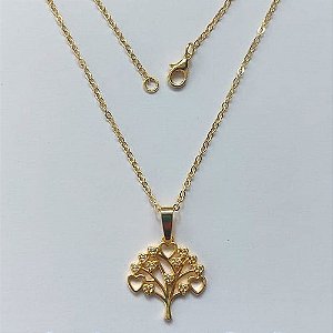 GARGANTILHA FOLHEADA A OURO 5 MILÉSIMOS + VERNIZ DIAMOND - CORRENTE CADEADO 45CM E PINGENTE ÁRVORE DA VIDA COM ZIRCÔNIAS 20MM - (OURO832) OUGG000204