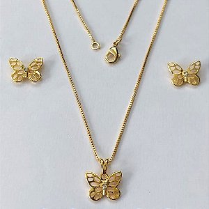 CONJUNTO FOLHEADO A OURO - BANHADO COM 5 MILÉSIMOS + VERNIZ DIAMOND -CONJUNTO COM CORRENTE VENEZIANA 45CM E PINGENTE BORBOLETA COM ZIRCÔNIA 10MM - - (OURO882) OUCJ000201