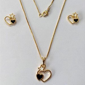 CONJUNTO FOLHEADO A OURO - BANHADO COM 5 MILÉSIMOS + VERNIZ DIAMOND -CONJUNTO COM CORRENTE VENEZIANA 45CM E PINGENTE CORAÇÃO COM ESTRELA 9MM - - (OURO879) OUCJ000198