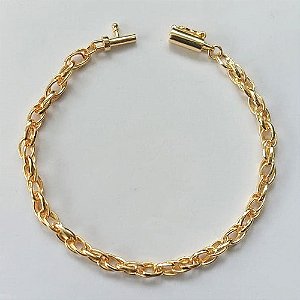 PULSEIRA FOLHEADO A OURO COM CORRENTE DUPLA MAIS FECHO CANHÃO - BANHADO COM 5 MILÉSIMOS + VERNIZ DIAMOND - TAMANHO 19CM - (OURO885) OUPS0000102
