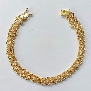 PULSEIRA FOLHEADO A OURO COM CORRENTE DUPLA MAIS FECHO GAVETA - BANHADO COM 5 MILÉSIMOS + VERNIZ DIAMOND - TAMANHO 19CM - (OURO884) OUPS0000103