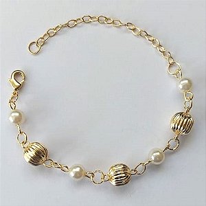 PULSEIRA FOLHEADA A OURO - BANHADO COM 5 MILÉSIMOS + VERNIZ DIAMOND - TAMANHO 18CM BOLINHAS DESENHADAS E PÉROLAS - (OURO905) OUPS0000105