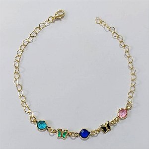 PULSEIRA FOLHEADA A OURO - BANHADO COM 3 MILÉSIMOS + VERNIZ DIAMOND - TAMANHO 20CM COM PEDRAS CRISTAIS COLORIDAS E BORBOLETAS COLORIDAS OUPS0000106