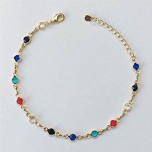 PULSEIRA FOLHEADA A OURO - BANHADO COM 5 MILÉSIMOS + VERNIZ DIAMOND - TAMANHO 18CM COM PEDRAS CRISTAIS COLORIDAS- (OURO906) OUPS0000106
