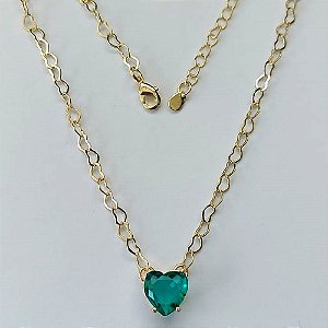 SHOCKER FOLHEADO A OURO 5 MILÉSIMOS + VERNIZ DIAMOND - CORRENTE DE CORAÇÃO 40CM + EXTENSOR E FECHO LAGOSTA - PINGENTE ZIRCÔNIA FORMATO CORAÇÃO VERDE 10MM (OURO896) OUSH000006
