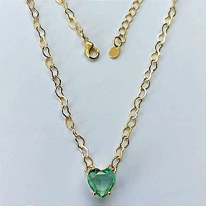 SHOCKER FOLHEADO A OURO 5 MILÉSIMOS + VERNIZ DIAMOND - CORRENTE DE CORAÇÃO 40CM + EXTENSOR E FECHO LAGOSTA - PINGENTE ZIRCÔNIA FORMATO CORAÇÃO VERDE CLARO 10MM - (OURO895)OUSH000007