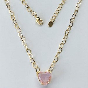 SHOCKER FOLHEADA A OURO 5 MILÉSIMOS + VERNIZ DIAMOND - CORRENTE DE CORAÇÃO 40CM + EXTENSOR E FECHO LAGOSTA - PINGENTE ZIRCÔNIA FORMATO CORAÇÃO ROSA 10MM - (OURO894) OUSH000009
