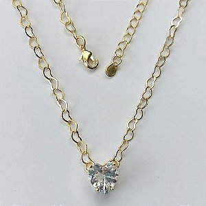 SHOCKER FOLHEADA A OURO 5 MILÉSIMOS + VERNIZ DIAMOND - CORRENTE DE CORAÇÃO 40CM + EXTENSOR E FECHO LAGOSTA - PINGENTE ZIRCÔNIA FORMATO CORAÇÃO CRISTAL 10MM - (OURO893) OUSH000010