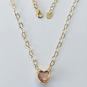 SHOCKER FOLHEADA A OURO 5 MILÉSIMOS + VERNIZ DIAMOND - CORRENTE DE CORAÇÃO 40CM + EXTENSOR E FECHO LAGOSTA - PINGENTE ZIRCÔNIA FORMATO CORAÇÃO SALMÃO 10MM - (OURO889)OUSH000014