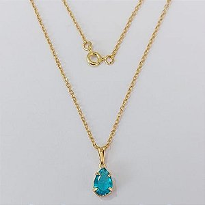 GARGANTILHA FOLHEADA A OURO - BANHADO COM 5 MILÉSIMOS + VERNIZ DIAMOND - GARGANTILHA CORRENTE CADEADO 45CM COM ZIRCÔNIA AZUL (OURO924) OUGG000227