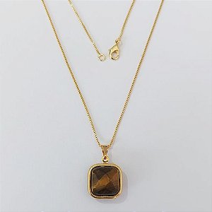 GARGANTILHA FOLHEADA A OURO - BANHADO COM 5 MILÉSIMOS + VERNIZ DIAMOND - GARGANTILHA CORRENTE VENEZIANA 45CM COM PINGENTE OLHO DE TIGRE (OURO928) OUGG000230