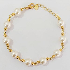 PULSEIRA FOLHEADA A OURO - BANHADO COM 5 MILÉSIMOS + VERNIZ DIAMOND - PULSEIRA COM PÉROLAS E BOLAS LISAS TAMANHO 18CM - (OURO949) OUPS0000109