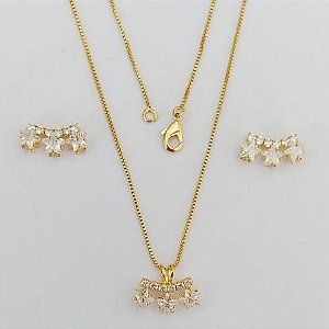 CONJUNTO FOLHEADO A OURO - BANHADO COM 5 MILÉSIMOS + VERNIZ DIAMOND(CJA1090) - CONJUNTO COM BRINCOS DE PINO ESTRELAS DE ZIRCÔNIA E PINGENTE ESTRELA DE ZIRCÔNIA 15MM - (OURO958) OUCJ000216