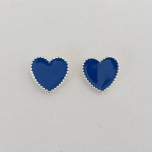 BRINCO FOLHEADO A PRATA COM 50 MILÉSIMOS + VERNIZ DIAMOND - BRINCO DE PINO CORAÇÃO ESMALTADO AZUL 12MM (PRA813) PRBR001452