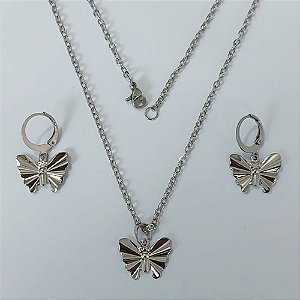 CONJUNTO EM AÇO INOXIDÁVEL - CORRENTE DE 45CM (03) BRINCOS ARGOLA DE PRESSÃO PINGENTES BORBOLETA LISA 16MM (AÇO2326)ACCJ000125