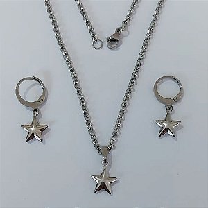 CONJUNTO EM AÇO INOXIDÁVEL - CORRENTE DE 45CM (BCL33) BRINCOS ARGOLA DE PRESSÃO PINGENTES ESTRELA DUPLA LISA 10MM (AÇO2325)ACCJ000126