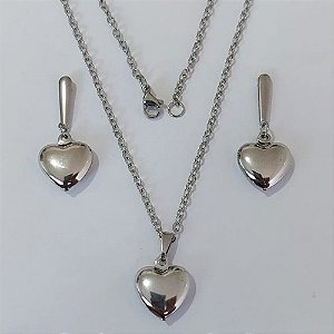 CONJUNTO EM AÇO INOXIDÁVEL - CORRENTE DE 45CM (03) BRINCOS BASE LISA COM PINGENTES CORAÇÃO DUPLO LISO 13MM (AÇO2323) ACCJ00012
