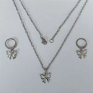 CONJUNTO EM AÇO INOXIDÁVEL - CORRENTE DE 45CM (03) BRINCOS ARGOLAS DE PRESSÃO COM PINGENTES LAÇO VAZADO 12MM AÇO2322ACCJ000129