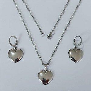 CONJUNTO EM AÇO INOXIDÁVEL - CORRENTE DE 45CM (03) BRINCOS ARGOLAS DE PRESSÃO COM PINGENTES CORAÇÃO LISO 17MM (AÇO2321) ACCJ000130