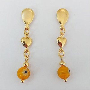 BRINCO FOLHEADO A OURO COM VERNIZ DIAMOND - BRINCO DE PINO BASE LISA CORAÇÃO E OLHO GREGO 46MM - (OURO1125) OUBR000466