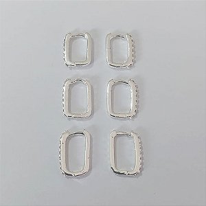 BRINCO FOLHEADO A PRATA - BRINCO DE TRIO ARGOLAS QUADRADA CRAVEJADAS EM MICROS ZIRCÔNIAS TAMANHOS 11/10/9MM LARGURA 2MM PRBR001495