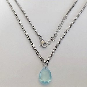 GARGANTILHA EM AÇO INOXIDÁVEL - CORRENTE DE 50CM (BCOL058) PINGENTE ZIRCÔNIA AZUL 10X14MM ACGG000517