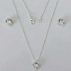 CONJUNTO FOLHEADO A PRATA COM 50 MILÉSIMOS + VERNIZ DIAMOND - CORRENTE VENEZIANA 45CM - PINGENTE E BRINCOS ZIRCÔNIAS PONTO DE LUZ 8MM PRCJ000202