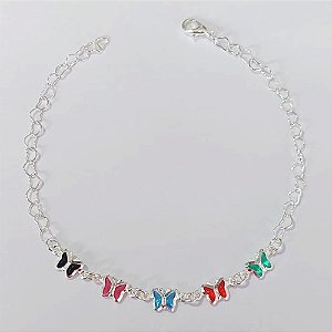PULSEIRA FOLHEADA A PRATA COM 50 MILÉSIMOS + VERNIZ DIAMOND - PULSEIRA COM CORRENTE CORAÇÃO E BORBOLETAS DE VIDROS COLORIDAS - TAMANHO: 17CM + EXTENSOR - FECHO LAGOSTA PRPS001207