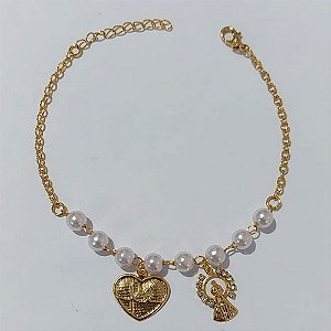 PULSEIRA FOLHEADO A OURO - BANHADO COM 5 MILÉSIMOS + VERNIZ - PULSEIRA 18CM COM PÉROLAS E PINGENTE CORAÇÃO FÉ E NOSSA SENHORA APARECIDA COM STRASS (OURO1196) OUPS0000122