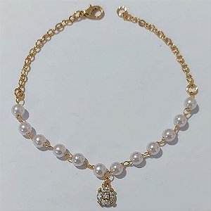 PULSEIRA FOLHEADO A OURO 5 MILÉSSIMOS + VERNIZ- PULSEIRA 18CM COM PÉROLAS E CÍRCULO DE ZIRCÔNIA - (OURO1178) OUPS0000124