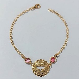 PULSEIRA FOLHEADO A OURO + VERNIZ - - PULSEIRA 18CM COM PEDRA CRISTAL ROSA E ESPÍRITO SANTO VAZADO - (OURO1182) OUPS0000128