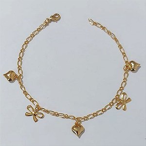 PULSEIRA FOLHEADO A OURO 5 MILÉSSIMOS + VERNIZ - PULSEIRA 19 CM COM CORAÇÕES E LAÇOS - (OURO1185) OUPS0000131