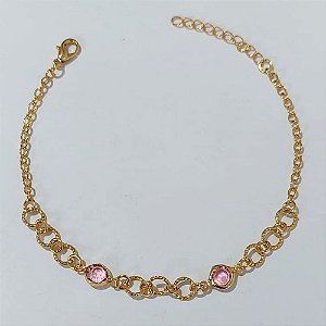 PULSEIRA FOLHEADO A OURO 5 MILÉSSIMOS + VERNIZ - PULSEIRA 16CM CÍRCULOS VAZADOS E PEDRA CRISTAL ROSA+ EXTENSOR - (OURO1188) OUPS0000134