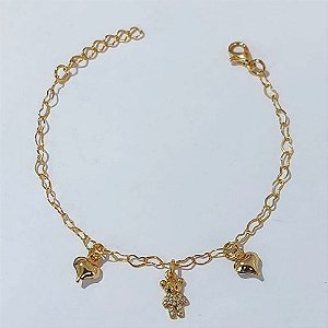 PULSEIRA FOLHEADO A OURO 5 MILÉSSIMOS + VERNIZ - PULSEIRA 14CM CORAÇÕES E URSINHO CRAVEJADO+ EXTENSOR - (OURO1190) OUPS0000136