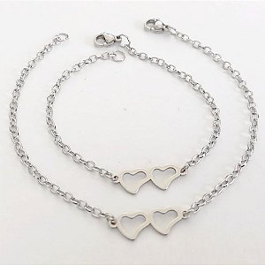 PULSEIRA EM AÇO INOXIDÁVEL - (08) - PULSEIRA MÃE E FILHA CORAÇÃO VAZADOS 19/15CM - FECHO LAGOSTA - COMPOSIÇÃO: AÇO INOXIDÁVEL -(ACO0214) ACPS000743