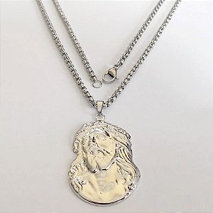 GARGANTILHA EM AÇO INOXIDÁVEL - CORRENTE DE 60CM (024) PINGENTE FACE DE CRISTO 36MM- ACGG000539
