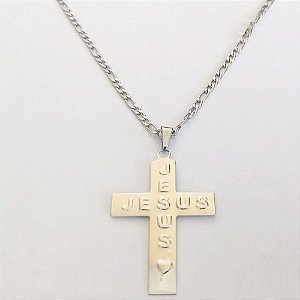 GARGANTILHA EM AÇO INOXIDÁVEL - CORRENTE DE 60CM (BCOL023) PINGENTE CRUCIFIXO ESCRITO JESUS 35MM - ACGG000545