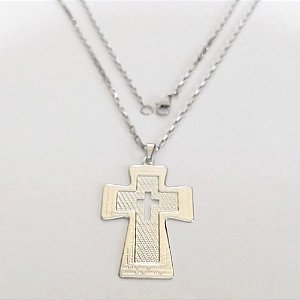 GARGANTILHA EM AÇO INOXIDÁVEL - CORRENTE DE 60CM (AÇO1012) PINGENTE CRUCIFIXO CRUZ VAZADA PAI NOSSO NA BORDA 40MM - ACGG000549