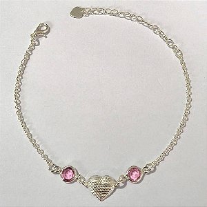 PULSEIRA FOLHEADA A PRATA COM 50 MILÉSIMOS + VERNIZ DIAMOND - PULSEIRA COM CRISTAIS ROSAS E CORAÇÃO - TAMANHO: 17CM + EXTENSOR E FECHO LAGOSTA - PRPS001253