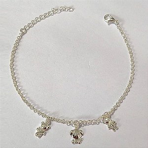PULSEIRA FOLHEADA A PRATA COM 50 MILÉSIMOS + VERNIZ DIAMOND - PULSEIRA COM URSINHOS EM MICROS ZIRCÔNIAS - TAMANHO: 17CM + EXTENSOR E FECHO LAGOSTA - PRPS001255