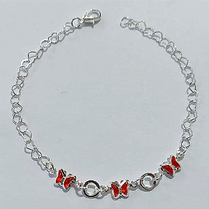 PULSEIRA FOLHEADA A PRATA COM 50 MILÉSIMOS + VERNIZ DIAMOND - PULSEIRA CORRENTE CORAÇÃO COM BORBOLETAS VERMELHAS - TAMANHO: 18CM - PRPS001257