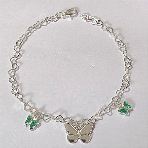PULSEIRA FOLHEADA A PRATA COM 50 MILÉSIMOS + VERNIZ DIAMOND - PULSEIRA COM BORBOLETAS EM CRISTAIS VERDES PEQUENAS E PINGENTE EM BORBOLETA - TAMANHO: 20CM E FECHO LAGOSTA - PRPS001259
