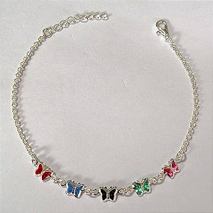 PULSEIRA FOLHEADA A PRATA COM 50 MILÉSIMOS + VERNIZ DIAMOND - PULSEIRA COM BORBOLETAS EM CRISTAIS COLORIDOS - TAMANHO: 18CM + EXTENSOR E FECHO LAGOSTA - PRPS001260