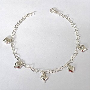 PULSEIRA FOLHEADA A PRATA COM 50 MILÉSIMOS + VERNIZ DIAMOND - PULSEIRA COM CORAÇÕES DUPLOS - TAMANHO: 21CM E FECHO LAGOSTA - PRPS001261