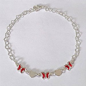 PULSEIRA FOLHEADA A PRATA COM 50 MILÉSIMOS + VERNIZ DIAMOND - PULSEIRA COM BORBOLETAS CRISTAIS VERMELHAS E CORAÇÕES - TAMANHO: 21CM E FECHO LAGOSTA - PRPS001264