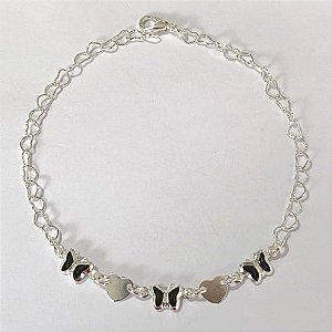 PULSEIRA FOLHEADA A PRATA COM 50 MILÉSIMOS + VERNIZ DIAMOND - PULSEIRA COM BORBOLETAS CRISTAIS PRETOS E CORAÇÕES - TAMANHO: 21CM E FECHO LAGOSTA - PRPS001263