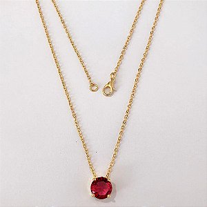 GARGANTILHA FOLHEADA A OURO - BANHADO COM 5 MILÉSIMOS + VERNIZ DIAMOND - CORRENTE CADEADO 45CM E PINGENTE EM ZIRCÔNIA REDONDA ROSA 10MM - (OURO1245) OUGG000254